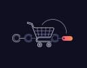 A cart moving along a checkout stepper ending in a gradient fee tag.